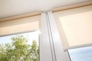 Two windows in Auckland with sand-coloured translucent roller blinds